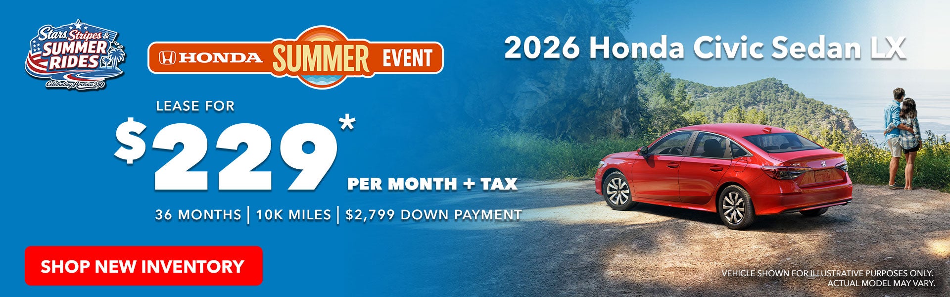2026 Honda Civic Sedan LX: $229/mo+tax - 36 mos. | 10k miles
